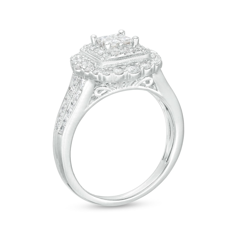 Main Image 3 of 1 CT. T.W. Quad Princess-Cut Diamond Double Frame Vintage-Style Engagement Ring in 14K White Gold (I/I2)