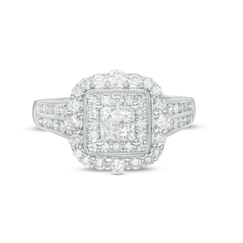 Main Image 4 of 1 CT. T.W. Quad Princess-Cut Diamond Double Frame Vintage-Style Engagement Ring in 14K White Gold (I/I2)
