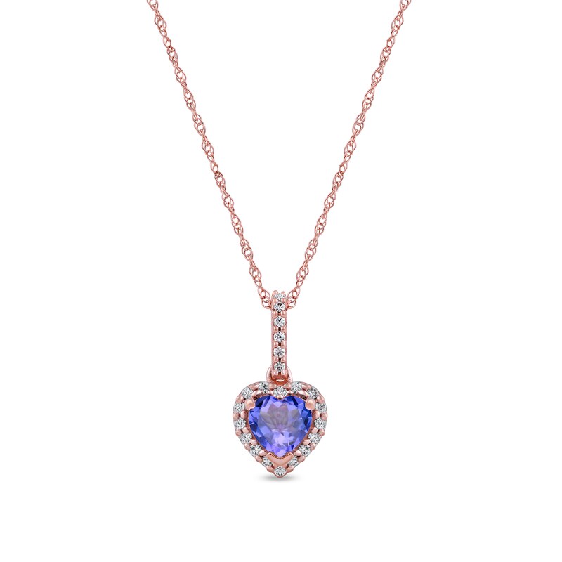 Main Image 1 of 5.0mm Heart-Shaped Tanzanite and 1/10 CT. T.W. Diamond Frame Pendant in 10K Rose Gold