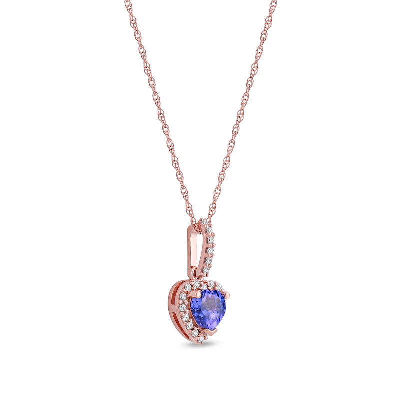 Main Image 2 of 5.0mm Heart-Shaped Tanzanite and 1/10 CT. T.W. Diamond Frame Pendant in 10K Rose Gold