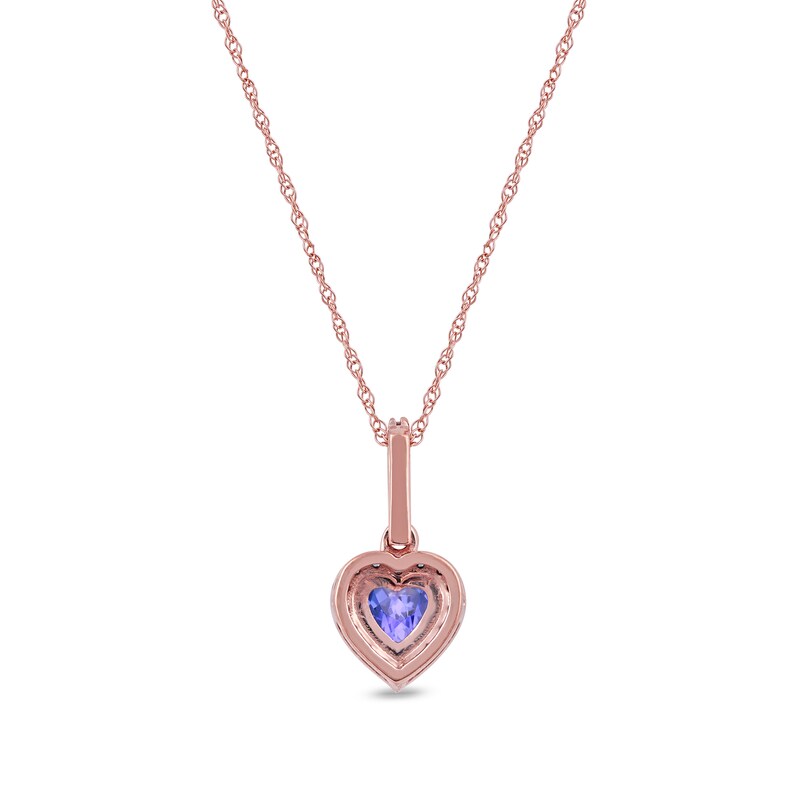 Main Image 3 of 5.0mm Heart-Shaped Tanzanite and 1/10 CT. T.W. Diamond Frame Pendant in 10K Rose Gold
