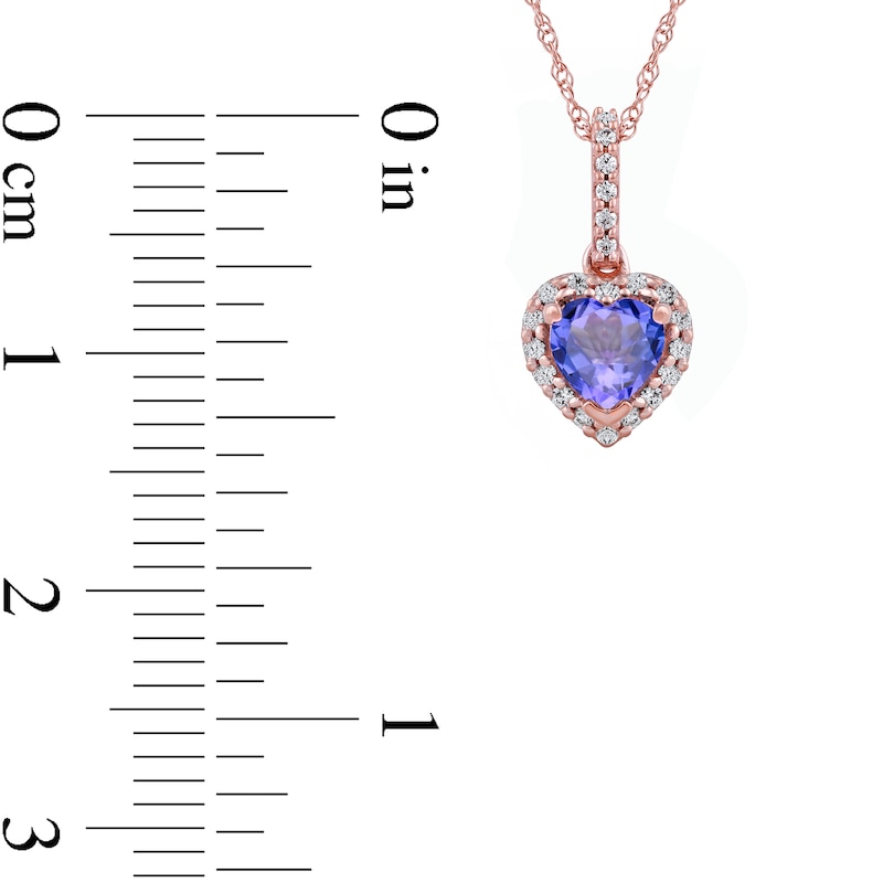 Main Image 4 of 5.0mm Heart-Shaped Tanzanite and 1/10 CT. T.W. Diamond Frame Pendant in 10K Rose Gold