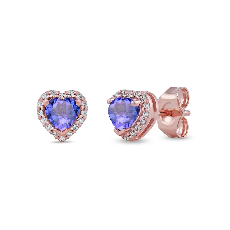 Main Image 1 of 4.0mm Heart-Shaped Tanzanite and 1/10 CT. T.W. Diamond Frame Stud Earrings in 10K Rose Gold