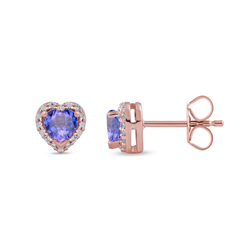 Main Image 2 of 4.0mm Heart-Shaped Tanzanite and 1/10 CT. T.W. Diamond Frame Stud Earrings in 10K Rose Gold