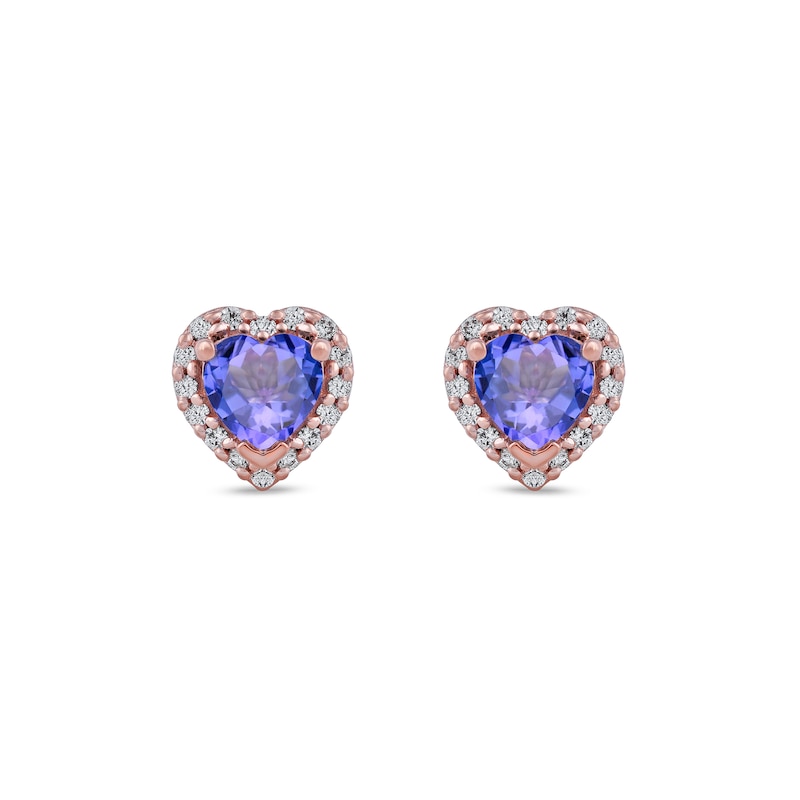 Main Image 3 of 4.0mm Heart-Shaped Tanzanite and 1/10 CT. T.W. Diamond Frame Stud Earrings in 10K Rose Gold