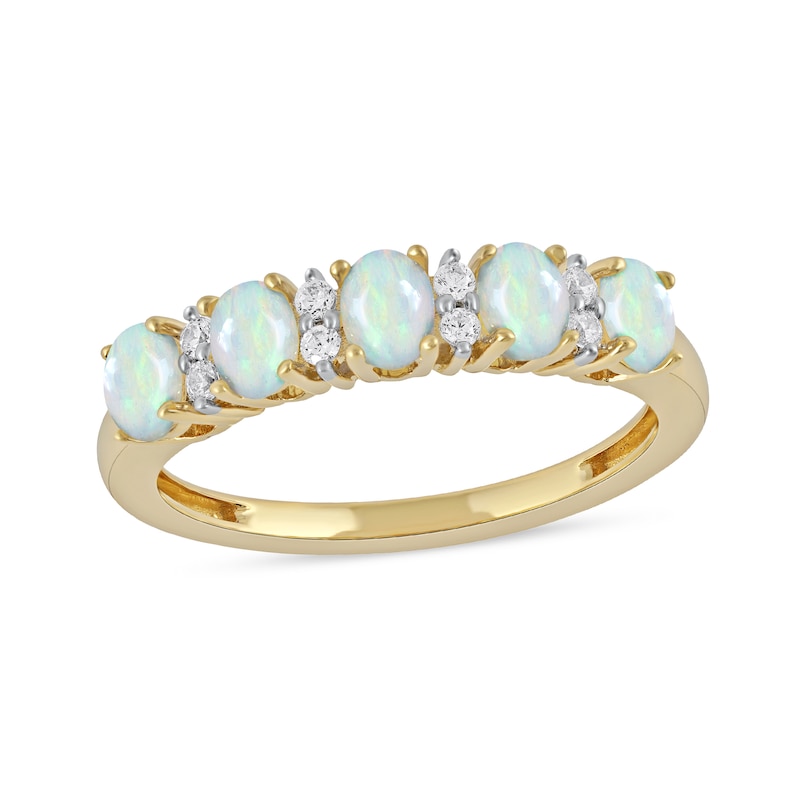 Main Image 1 of Oval Opal and 1/10 CT. T.W. Diamond Alternating Five Stone Anniversary Band in 10K Gold