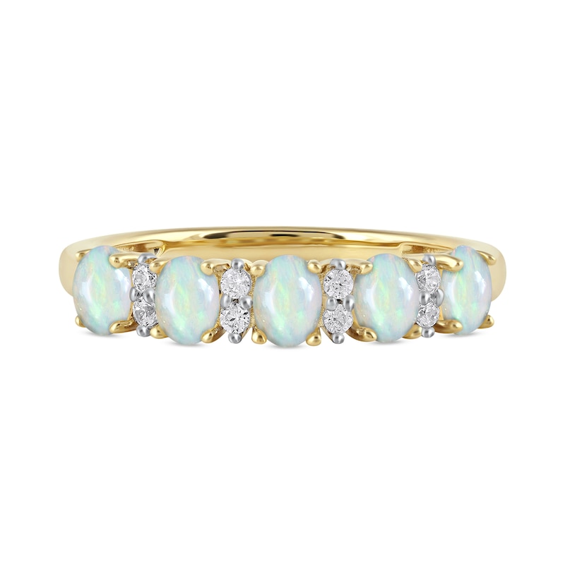 Main Image 3 of Oval Opal and 1/10 CT. T.W. Diamond Alternating Five Stone Anniversary Band in 10K Gold