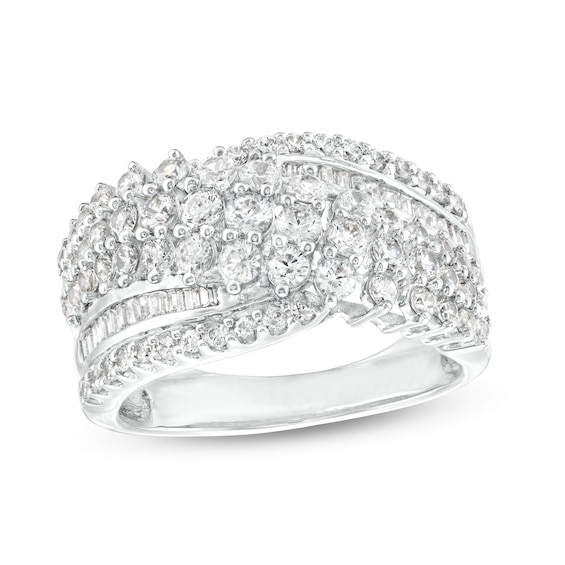 1-1/2 CT. T.w. Baguette and Round Diamond Bypass Multi-Row Crossover Ring in 10K White Gold