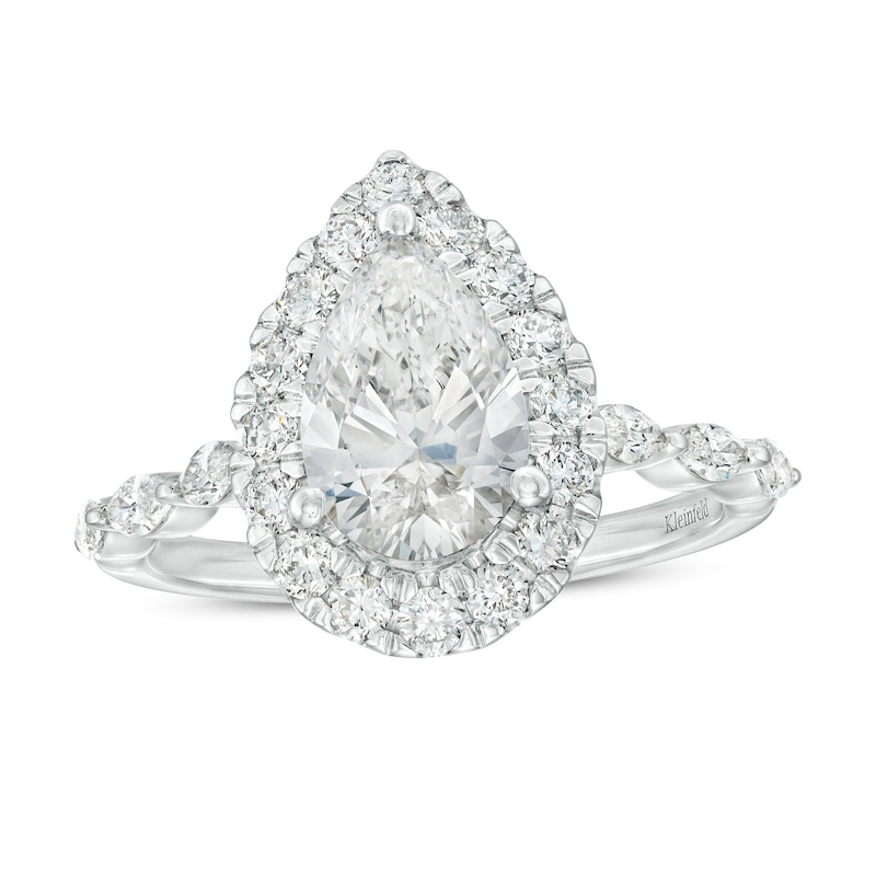 Main Image 1 of Kleinfeld® x Zales 2-1/2 CT. T.W. Certified Pear-Shaped Lab-Grown Diamond Frame Engagement Ring in Platinum (F/VS2)