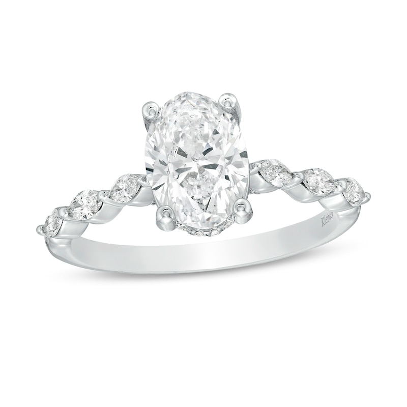 Main Image 1 of Kleinfeld® x Zales 2-1/5 CT. T.W. Certified Oval Lab-Grown Diamond Scallop Shank Engagement Ring in Platinum (F/VS2)