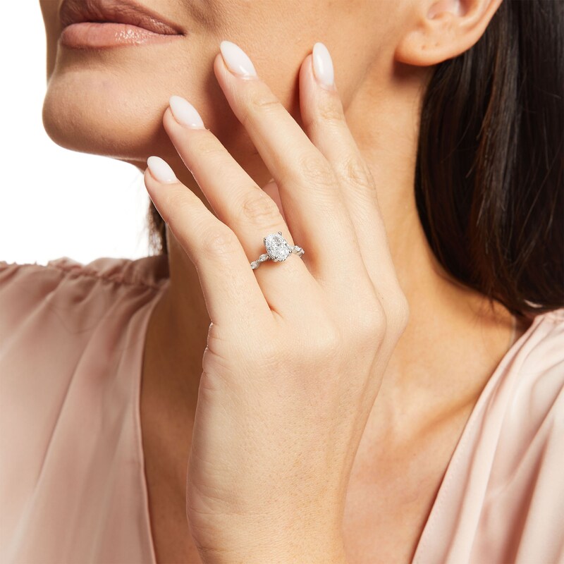 Main Image 2 of Kleinfeld® x Zales 2-1/5 CT. T.W. Certified Oval Lab-Grown Diamond Scallop Shank Engagement Ring in Platinum (F/VS2)