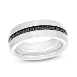 Black Sapphire Wedding Band in Tungsten with Black-Ion Plate – Size 10