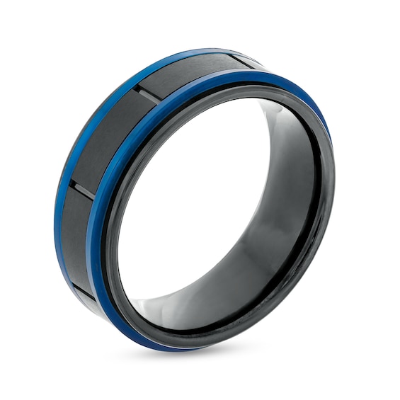 Men's 8.0mm Double Stripe Wedding Band in Tungsten with Black and Blue Ion-Plate â Size 10