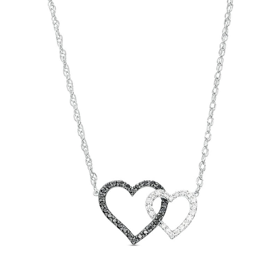 1/5 CT. T.w. Black and White Diamond Interlocking Hearts Necklace in 10K White Gold