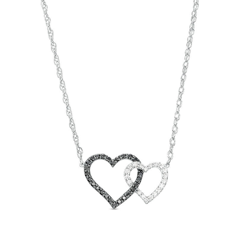 Main Image 1 of 1/5 CT. T.W. Black and White Diamond Interlocking Hearts Necklace in 10K White Gold