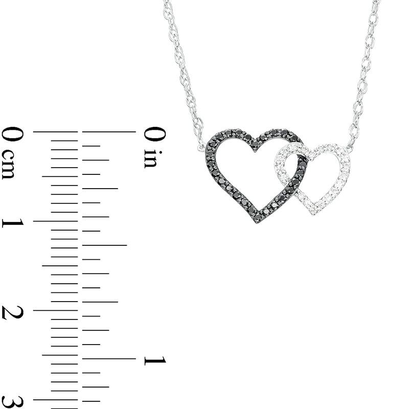Main Image 3 of 1/5 CT. T.W. Black and White Diamond Interlocking Hearts Necklace in 10K White Gold