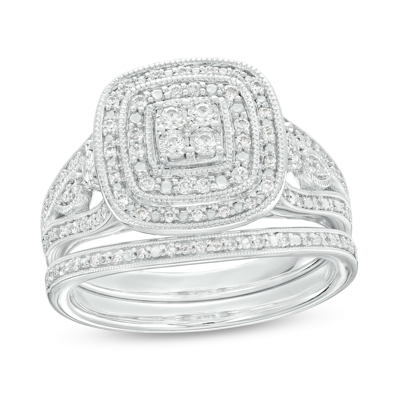 Main Image 1 of 1/3 CT. T.W. Quad Diamond Double Frame Open Split Shank Vintage-Style Bridal Set in Sterling Silver