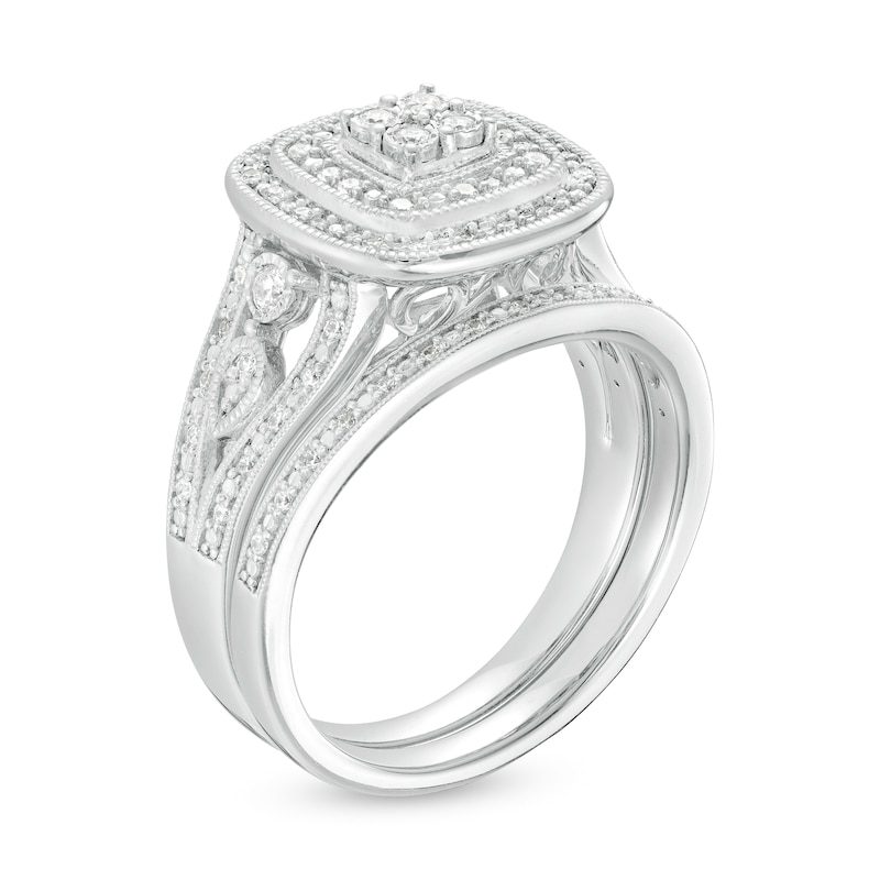 Main Image 3 of 1/3 CT. T.W. Quad Diamond Double Frame Open Split Shank Vintage-Style Bridal Set in Sterling Silver