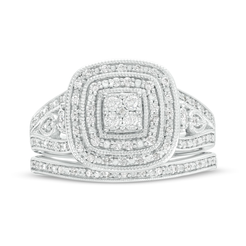 Main Image 4 of 1/3 CT. T.W. Quad Diamond Double Frame Open Split Shank Vintage-Style Bridal Set in Sterling Silver