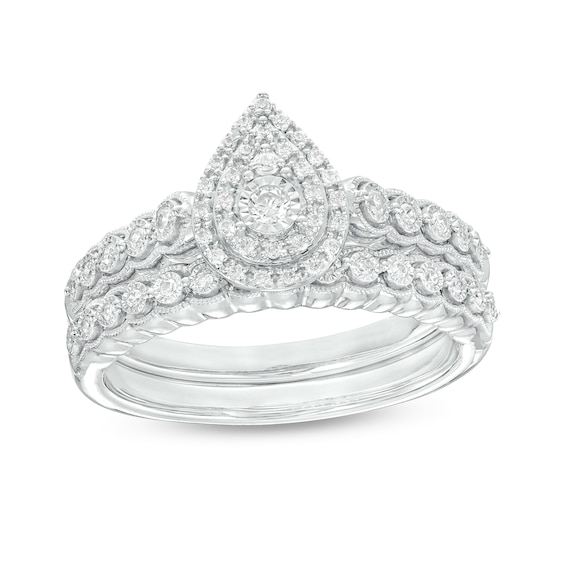1/4 CT. T.w. Pear-Shaped Multi-Diamond Double Frame Scallop Shank Vintage-Style Bridal Set in Sterling Silver