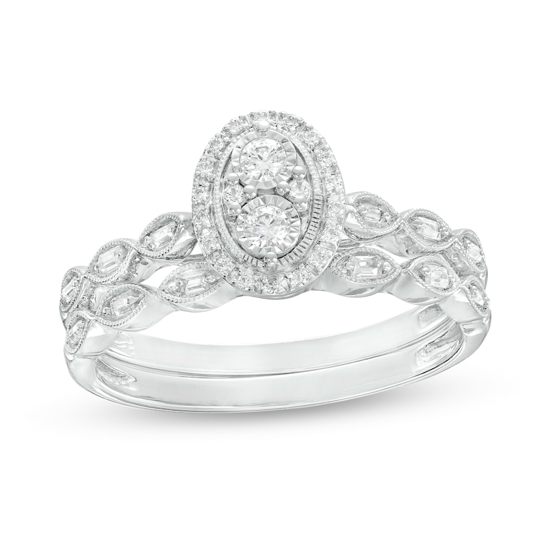 Main Image 1 of 1/4 CT. T.W. Oval-Shaped Multi-Diamond Scallop Shank Vintage-Style Bridal Set in Sterling Silver