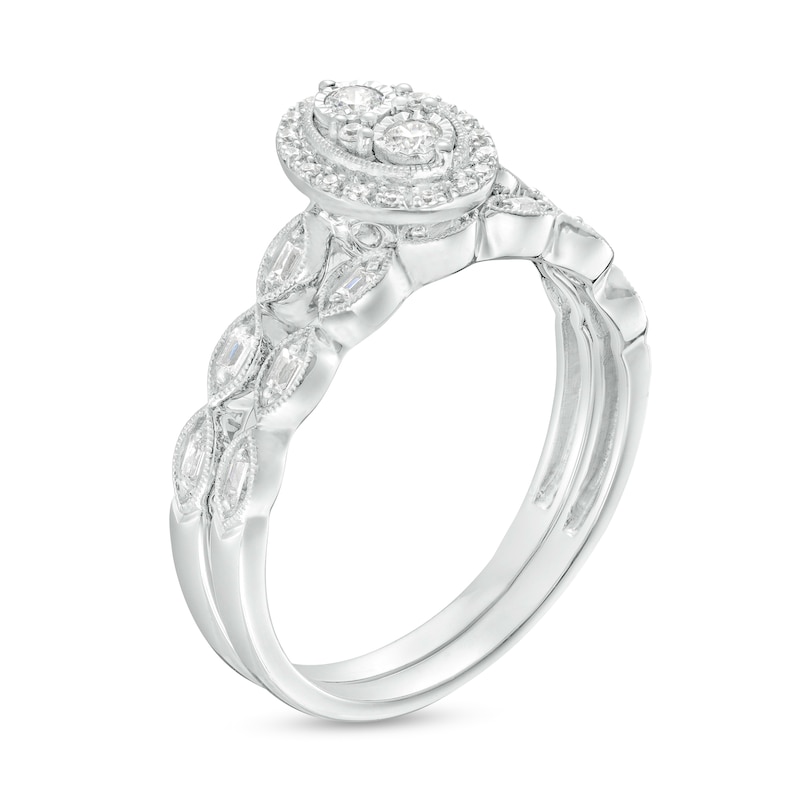 Main Image 3 of 1/4 CT. T.W. Oval-Shaped Multi-Diamond Scallop Shank Vintage-Style Bridal Set in Sterling Silver