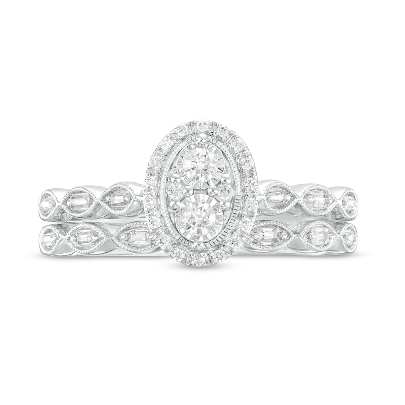 Main Image 4 of 1/4 CT. T.W. Oval-Shaped Multi-Diamond Scallop Shank Vintage-Style Bridal Set in Sterling Silver
