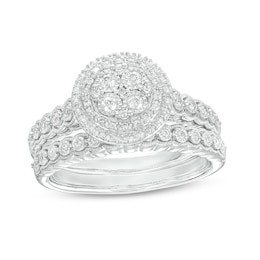 1/4 CT. T.W. Quad Diamond Double Frame Scallop Shank Vintage-Style Bridal Set in Sterling Silver