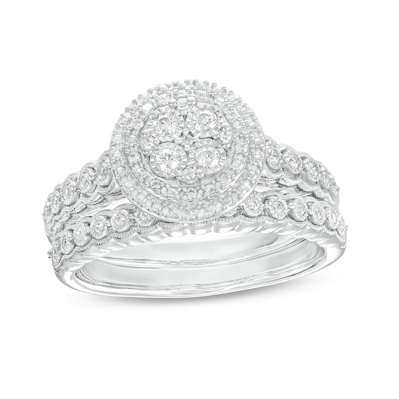 1/4 CT. T.w. Quad Diamond Double Frame Scallop Shank Vintage-Style Bridal Set in Sterling Silver