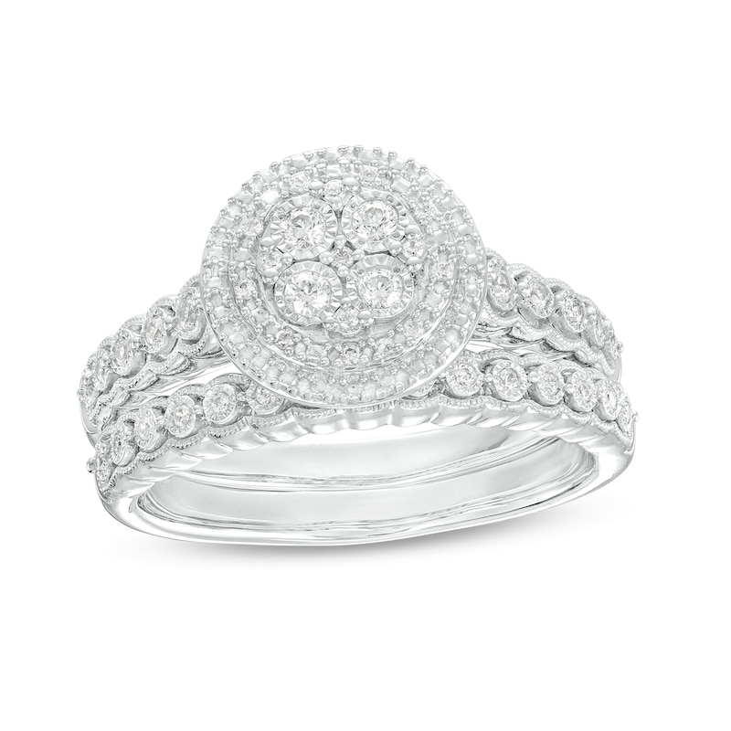 Main Image 1 of 1/4 CT. T.W. Quad Diamond Double Frame Scallop Shank Vintage-Style Bridal Set in Sterling Silver