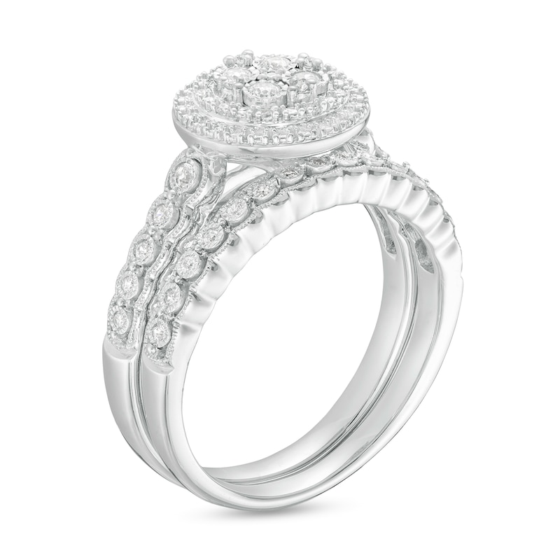 Main Image 3 of 1/4 CT. T.W. Quad Diamond Double Frame Scallop Shank Vintage-Style Bridal Set in Sterling Silver