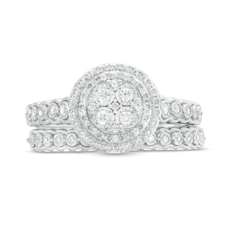 Main Image 4 of 1/4 CT. T.W. Quad Diamond Double Frame Scallop Shank Vintage-Style Bridal Set in Sterling Silver