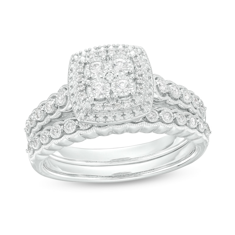 1/4 CT. T.W. Quad Diamond Double Cushion-Shaped Frame Scallop Shank Vintage-Style Bridal Set in Sterling Silver