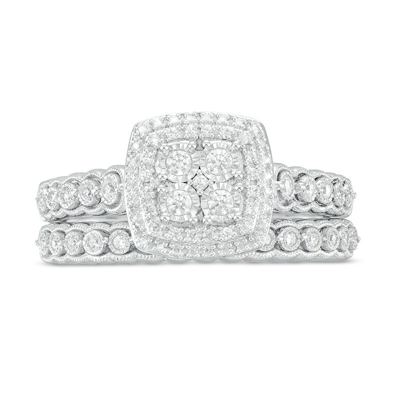 7 Ct. T.W. Quad Princess-Cut Diamond Cushion-Shaped Frame Vintage-Style Three Piece Bridal Set in 14K White Gold