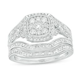 1/3 CT. T.W. Cushion-Shaped Multi-Diamond Frame Multi-Row Split Shank Vintage-Style Bridal Set in Sterling Silver