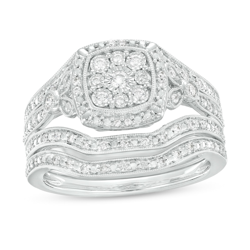 Main Image 1 of 1/3 CT. T.W. Cushion-Shaped Multi-Diamond Frame Multi-Row Split Shank Vintage-Style Bridal Set in Sterling Silver