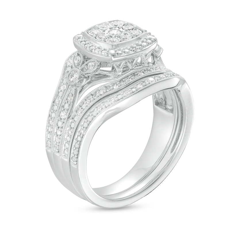 Main Image 3 of 1/3 CT. T.W. Cushion-Shaped Multi-Diamond Frame Multi-Row Split Shank Vintage-Style Bridal Set in Sterling Silver