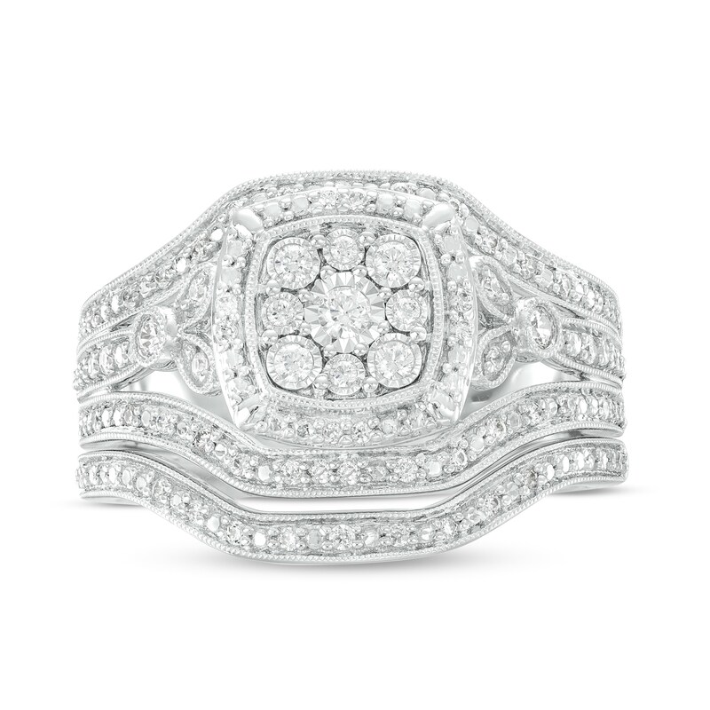 Main Image 4 of 1/3 CT. T.W. Cushion-Shaped Multi-Diamond Frame Multi-Row Split Shank Vintage-Style Bridal Set in Sterling Silver