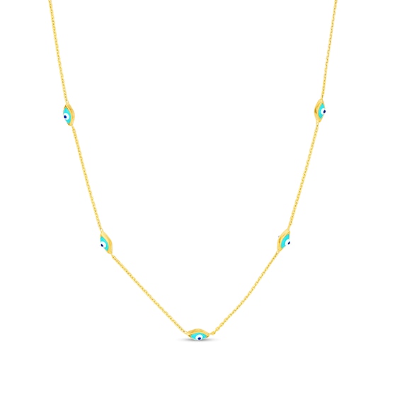 Turquoise Enamel Diamond-Cut Evil Eye Bead Station Necklace in 14K Gold