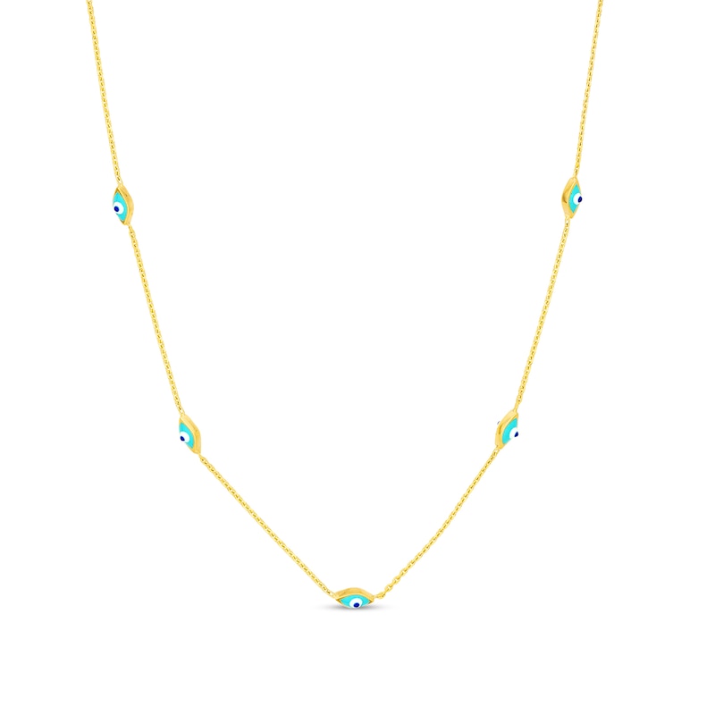 Main Image 1 of Turquoise Enamel Diamond-Cut Evil Eye Bead Station Necklace in 14K Gold