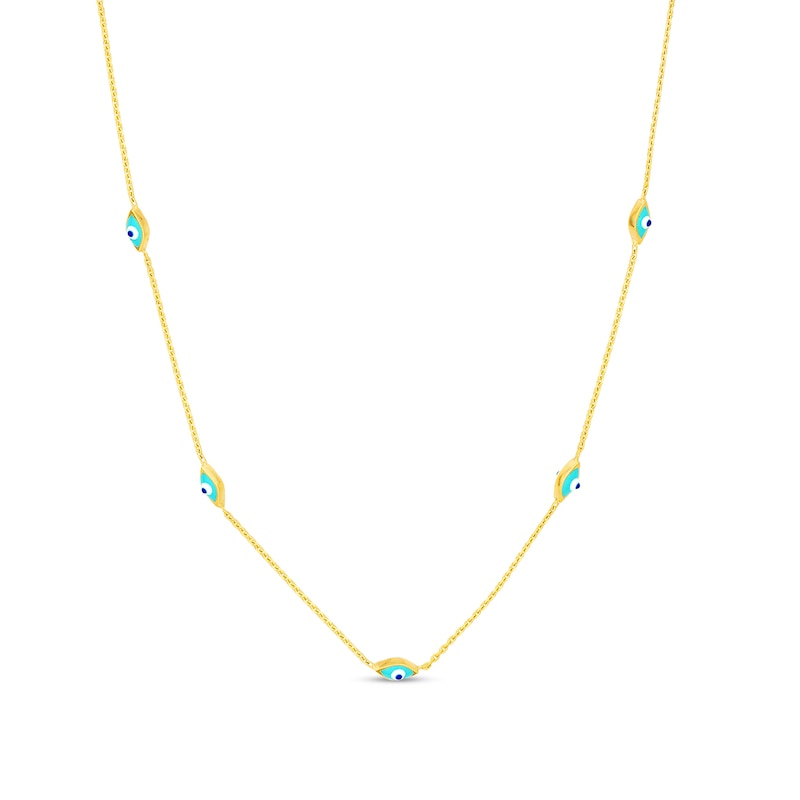 Turquoise Enamel Diamond-Cut Evil Eye Bead Station Necklace in 14K Gold