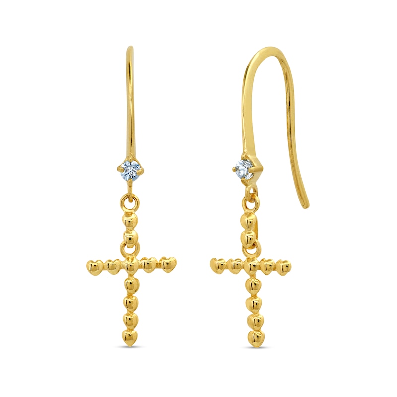 White Lab-Created Sapphire Beaded Cross Drop Earrings in 10K Gold