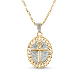 Men's 1/6 CT. T.W. Diamond Linked Chain Frame Oval Ankh Pendant in Sterling Silver with 14K Gold Plate