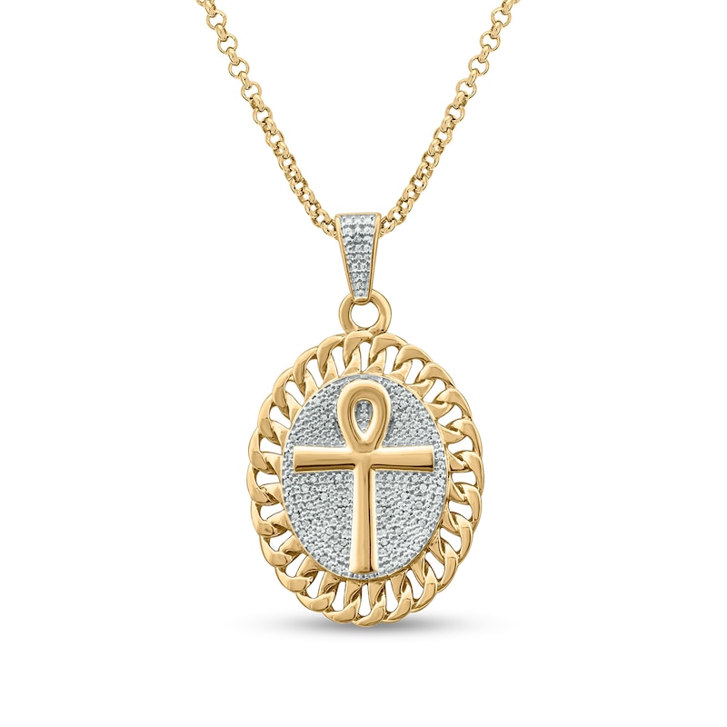 Main Image 1 of Men's 1/6 CT. T.W. Diamond Linked Chain Frame Oval Ankh Pendant in Sterling Silver with 14K Gold Plate