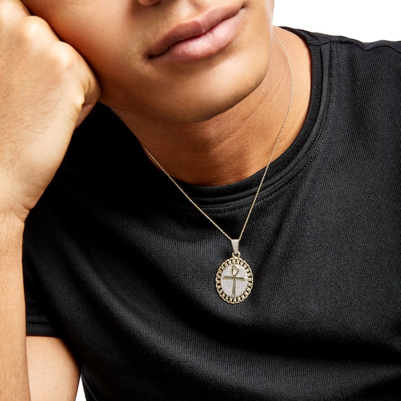 Men's 1/6 CT. T.w. Diamond Linked Chain Frame Oval Ankh Pendant in Sterling Silver with 14K Gold Plate