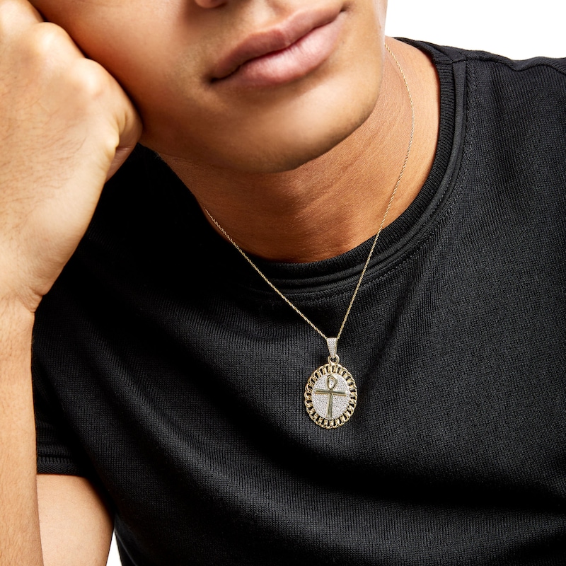 Main Image 2 of Men's 1/6 CT. T.W. Diamond Linked Chain Frame Oval Ankh Pendant in Sterling Silver with 14K Gold Plate
