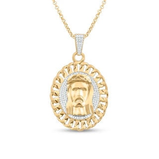 Men's 1/4 CT. T.W. Diamond Linked Chain Frame Jesus Pendant in Sterling Silver with 14K Gold Plate