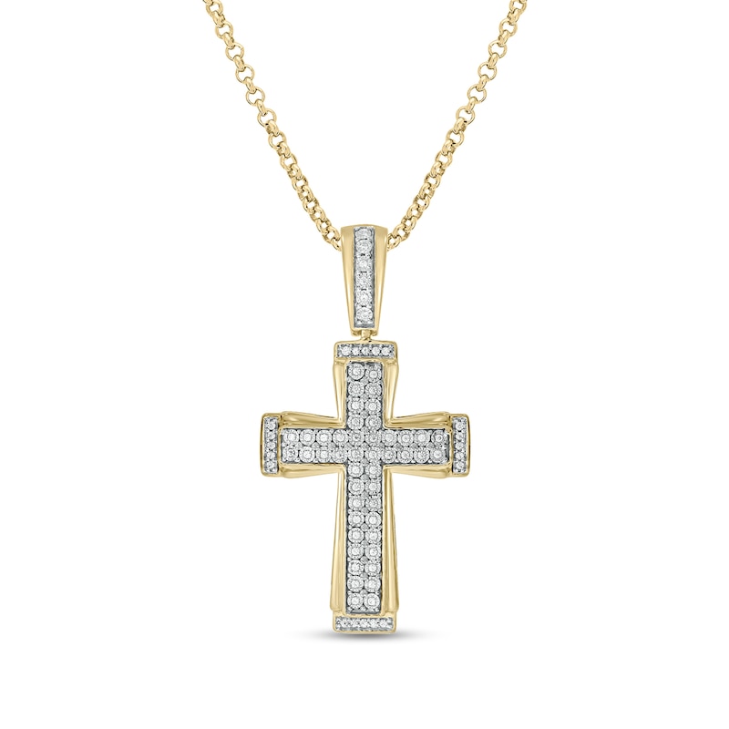 Main Image 1 of Men's 1/5 CT. T.W. Diamond Double-Row Three-Dimensional Cross Pendant in Sterling Silver with 14K Gold Plate