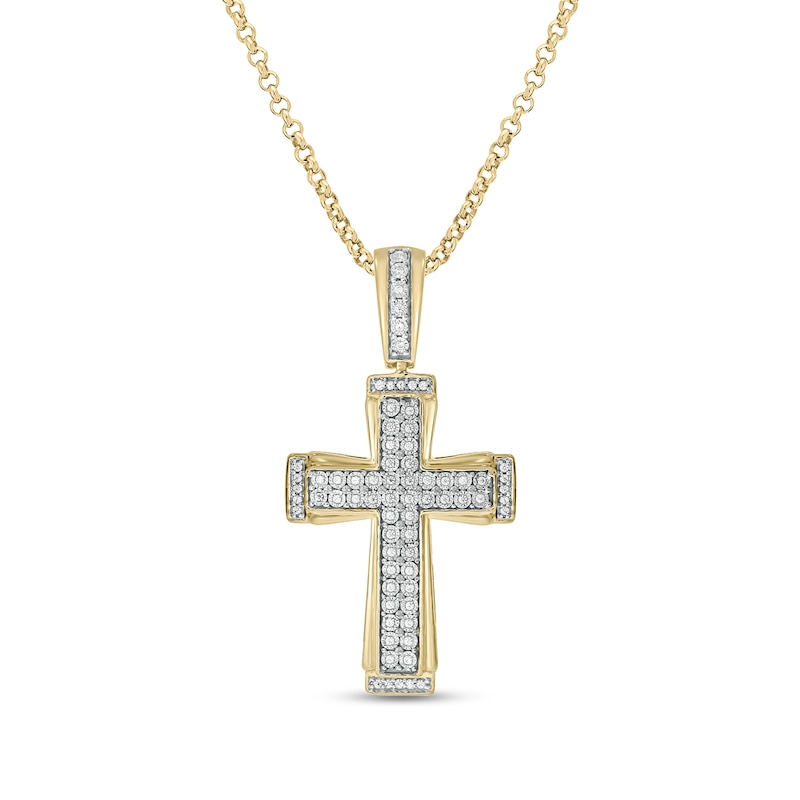 Men's 1/5 CT. T.W. Diamond Double-Row Three-Dimensional Cross Pendant in Sterling Silver with 14K Gold Plate