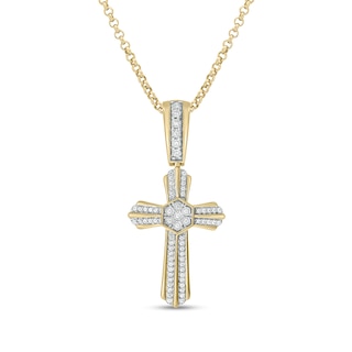 Men's 1/5 CT. T.W. Hexagonal Multi-Diamond Double-Row Cross Pendant in Sterling Silver with 14K Gold Plate